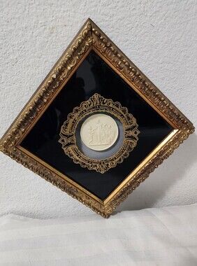 Unique Vintage Gold Framed Black Plaque with Cream Medallion
